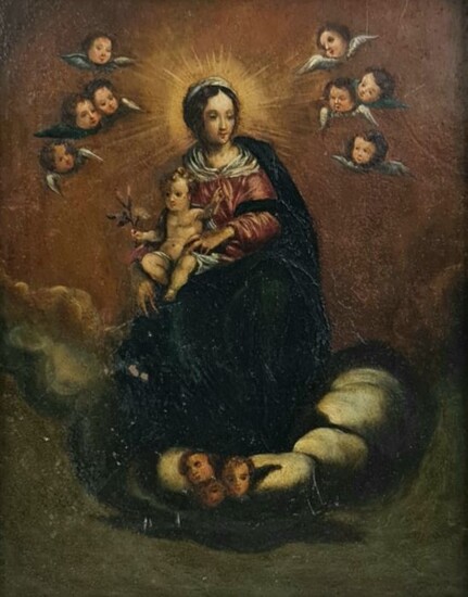 Painting, Virgin Madonna with child Jesus and angels - Oil on copper - Copper - 18th century