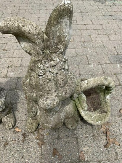 Pair Cast Stone Figural Rabbit Garden Statues