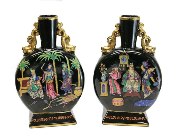 Pair Chinoiserie Glass Enamel Hand Painted Moon Flasks