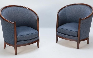 Pair French Art Deco curved and fluted armchairs C 1930. Ht: 30.25" Wd: 28.5" Dpth: 25.5" Seat: 15"