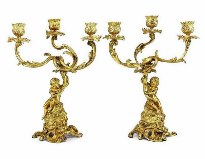 Pair French Gilt Bronze Angels or Putti Candelabras