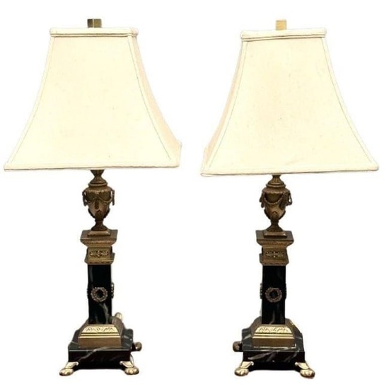 Pair Hollywood Regency Bronze, Marble Table Lamps