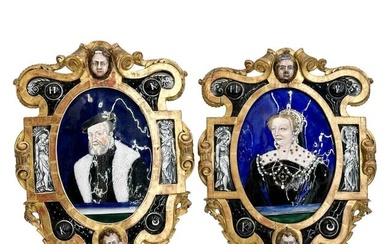 Pair Limoges Enamel Copper Portrait Plaques Catherine de Medici Duke Montmorency
