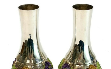 Pair Ravissant Sterling Silver & Gemstone Vases