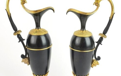 Pair of 19th C. Empire Gilt Bronze & Marble Urns