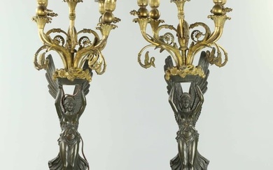 Pair of 19th century Dore bronze and brown patina candelabra