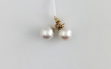 Pair of 750°/°° gold ear chips with a cultured pearl of approx. 9mm diameter, Gross weight: 2,59g