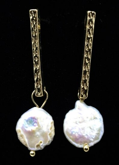 Pair of Baroque Coin Form Pearl & Gold Earrings
