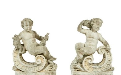 Pair of Cast Stone Putto Garden Figures