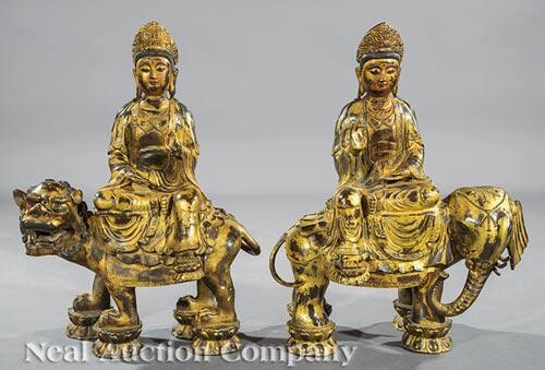 Pair of Chinese Gilt Bronze Guanyin Groups