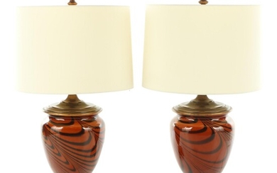 Pair of Contemporary Rust and Black Swirl Ceramic Table Lamps