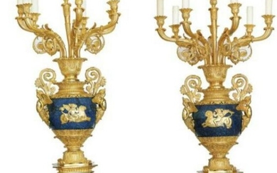 Pair of Empire Style Gilt Bronze and Lapiz Lazuli Candelabras 20th Century