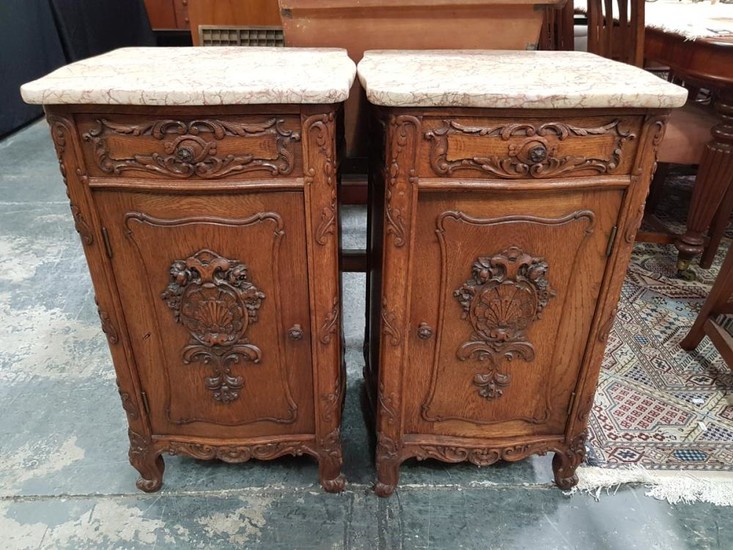 Pair of French Carved Oak Bedside Cabinets, with coloured marble tops, a drawer & panel door