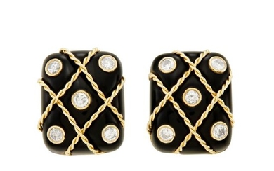 Pair of Gold, Black Onyx and Diamond Earclips