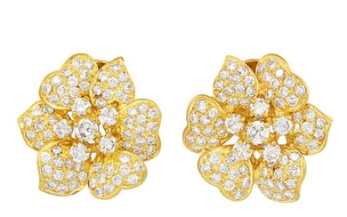Pair of Gold and Diamond Flower Earclips
