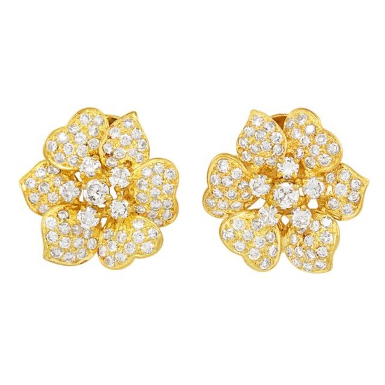 Pair of Gold and Diamond Flower Earclips