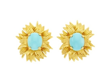 Pair of Gold and Turquoise Flower Earclips