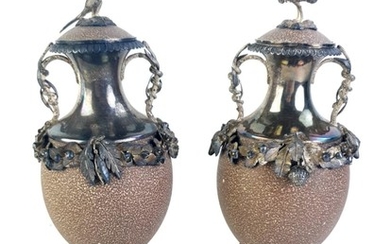 Pair of Important Australian Colonial Silver Mounted Emu Eggs by Qwist of Sydney