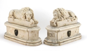 Pair of Italian Grand Tour marble carvings of lions, The Sle...
