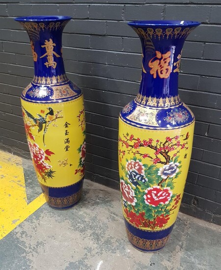 Pair of Large Ceramic Blue and Yellow Chinese vases (h:126cm)
