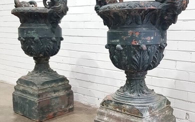 Pair of Large & Impressive Terracotta Urns, with old green painted finish, the body with applied acanthus leaves & having Satyr form...