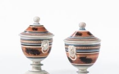 Pair of Mocha "Seaweed" and Slip-decorated Pearlware Covered Urns