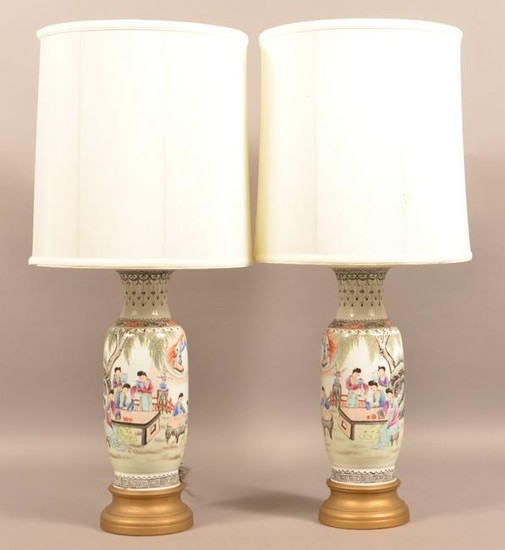 Pair of Oriental Porcelain Polychrome Table Lamps.
