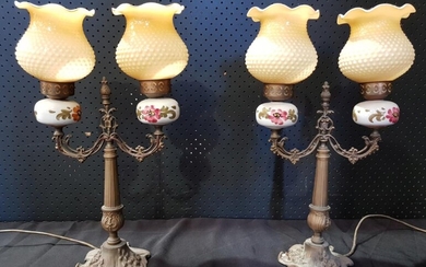 Pair of Ornate Brass Table Lamps with Ceramic and Glass Shades (H:50cm)