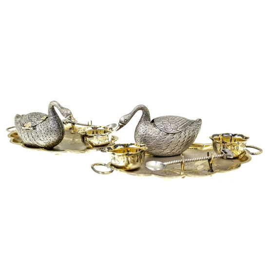 Pair of Parcel Gilt Silver Condiment Sets, Early 20th Century.