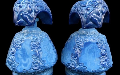 Pair of Rare Blue Schlevogt Malachite Glass Bottles