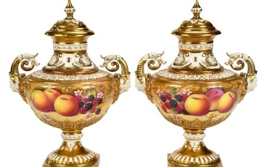 Pair of Royal Worcester Porcelain Lidded Fruit Urns