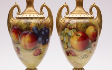 Pair of Royal Worcester Twin Handled Vases by Richard Sebright Featuring Hand Painted Fruits (H29.5cm)