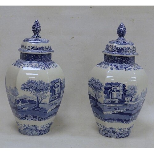 Pair of Spode blue and white lidded vases 'Italian' pattern,...