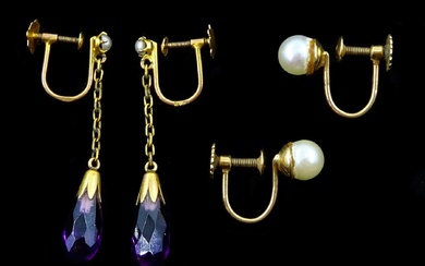 Pair of early 20th century 9ct gold briolette cut amethyst and seed pearl pendant earrings and a pai