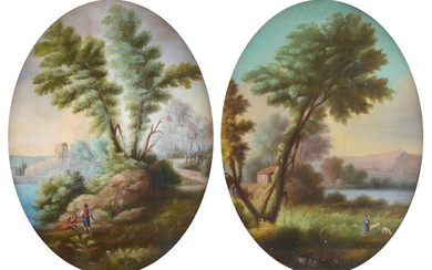 Anonimo, XX sec., Pair of landscapes with figures (ovals)