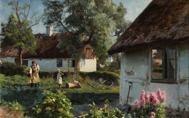 Peder Mønsted: A peasant woman and a little girl working in the garden. Signed and dated P. Mønsted Stærkinge 1923. Oil on canvas. 35×50 cm.