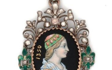 Pendant " Porte-souvenir " in yellow gold, decorated with an enamelled miniature representing the profile of a woman dated " 1350 " in an entourage of antique cut diamonds and green enamelled fleur-de-lys motifs, supporting a cultured pearl in...