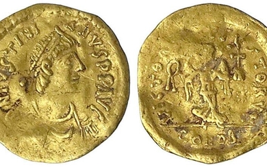 Pièces d'or byzantines, Empire, Justinien Ier, 527-565, Tremissis 527/565, Constantinople. Buste de souverain avec diadème...