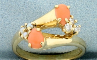 Pink Coral, Pearl and Diamond Ring in 14K Yellow Gold