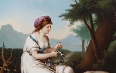Plaque "bergère abra se tortillant avec des fleurs". Fin du 19ème siècle, Signature gravée Angelika...