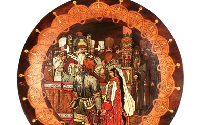 Plat decoratif Ivan Tsarevitch et le loup gris d`après le dessin d`Ivan Bilibine 19-20 c....