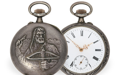 Pocket watch: decorative Swiss marksman's watch with relief case, Huguenin ca. 1905