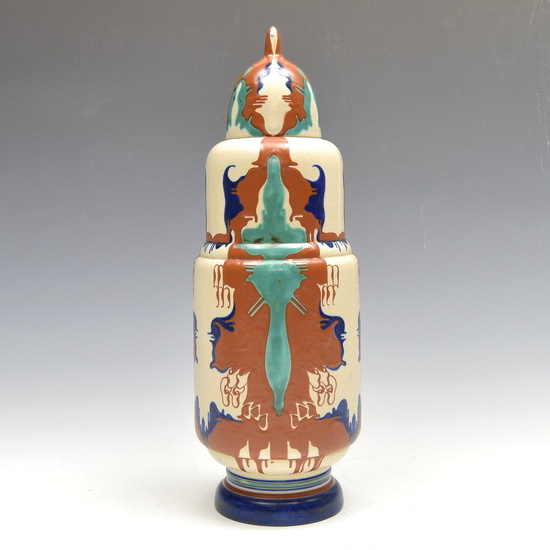 Polychrome glazed earthenware vase and cover with "Amsterdam School" decoration,...