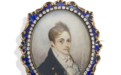 Portrait miniature of a gentleman, set to a diamond, guilloche enamel and gold brooch/pendant, 19th century