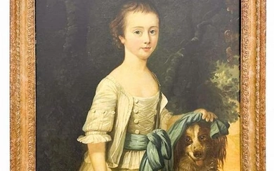Portrait of Young Girl With Dog Oil on Canvas