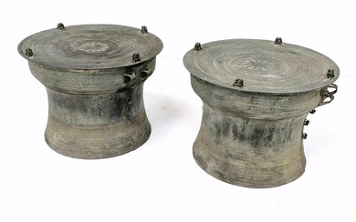 Pr. Southeast Asian Bronze Rain Drums. Corseted patina
