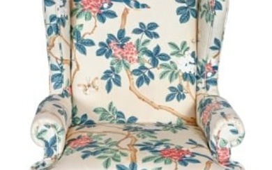Queen Anne Hand Carved Upholstered Wing Back Chair
