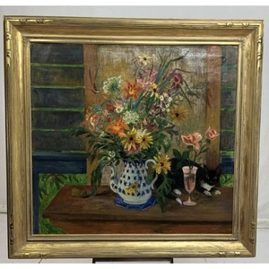 R WEIDNER "Still Life with Cat" Oil Painting. Lar