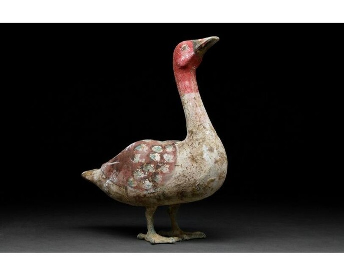 RARE CHINESE HAN DYNASTY POTTERY GOOSE WITH BRONZE LEGS