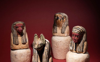RARE EGYPTIAN STONE AND WOOD PSEUDO-CANOPIC JARS